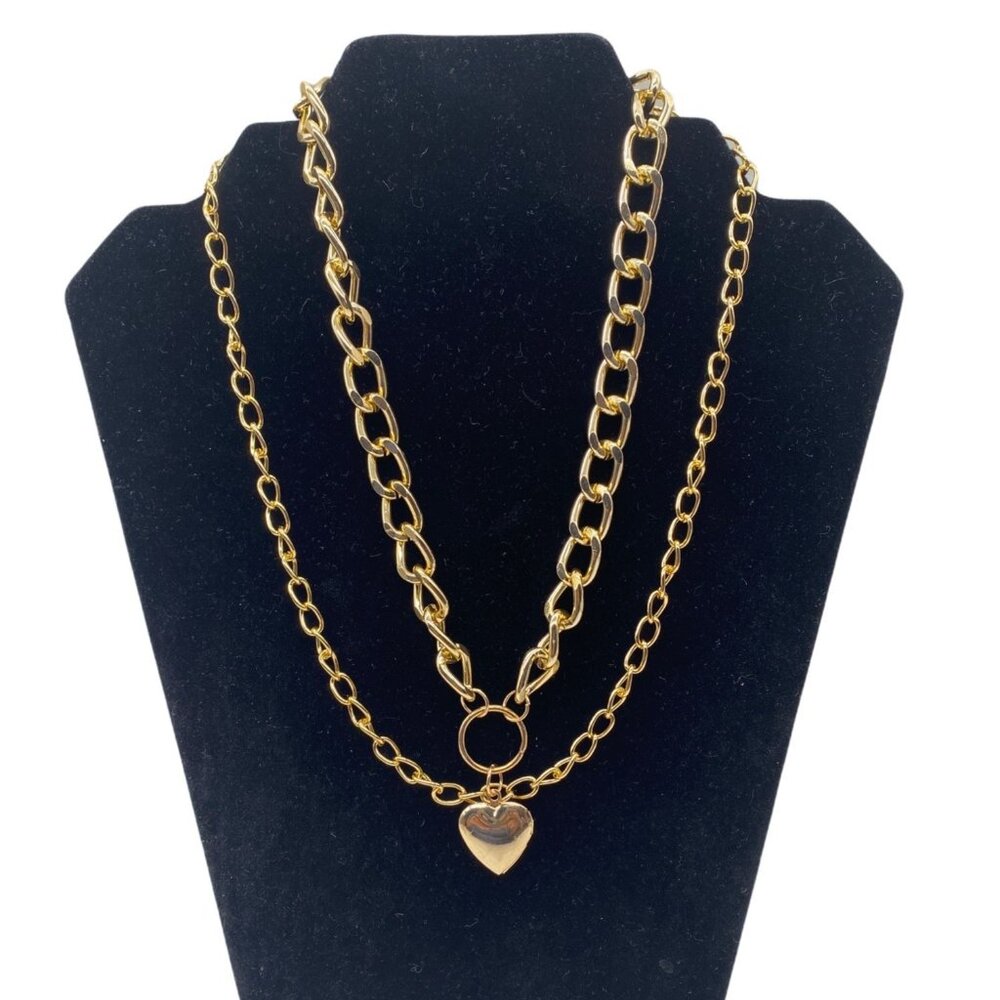 Double-Strand Curb Chain‎ Heart Pendant Women’s Necklace Gold Tone